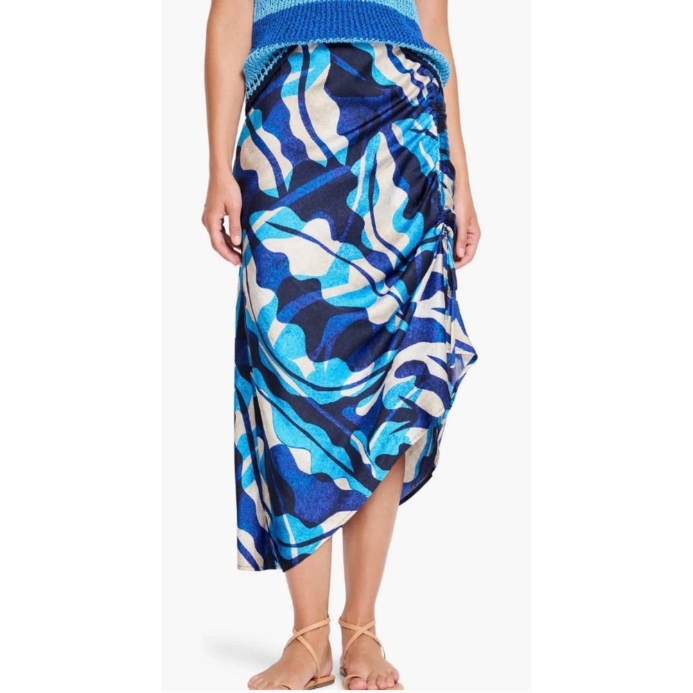 Nic+Zoe Blue Multi Abstract Ruched Asymmetrical Midi Skirt XS S251731 NEW